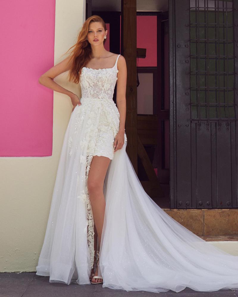 La23109 short wedding dress with detachable skirt and sparkly lace1